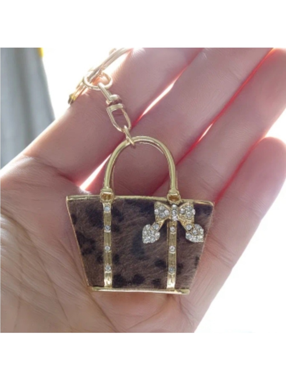 Leopard Print Mini Tote Charm Keychain - Gold Accent